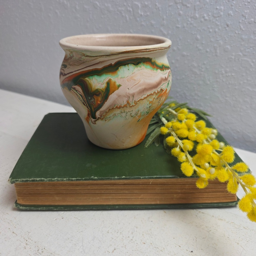 Nemadji Pottery Marbled Clay Vase Green Orange Tan Swirl USA‎ Made MCM Decor